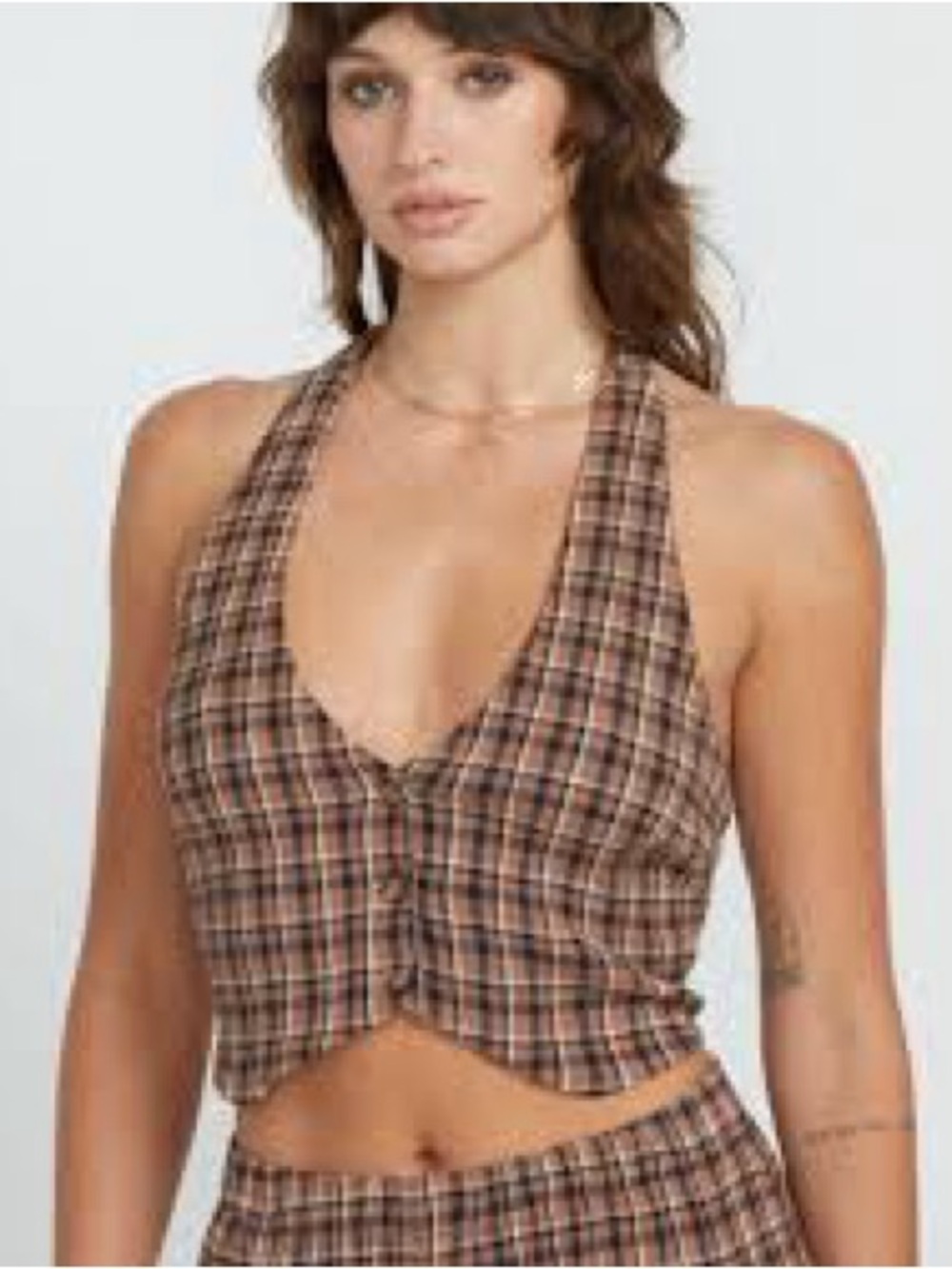 X407. Volcom brown and beige plaid halter crop top